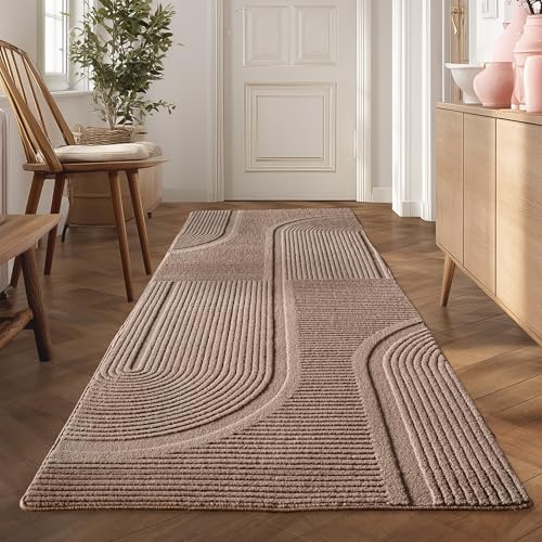 Teppium Teppich Boho Läufer 80 x 150 cm Beige – Waschbar & Pflegeleicht – Weicher Skandinavischer Deko Teppich mit 3D-Effekt – Ideal für Flur, Küche oder Schlafzimmer