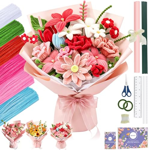 FACIACC 600 Stück Rose Pfeifenreiniger Blumen Set, Chenille-Blumenstiele in 6 Farben für Selbstgemachte Blumensträuße, inklusive Blumendraht, Klebeband, Staubgefäßen, Geschenkpapier, Schere