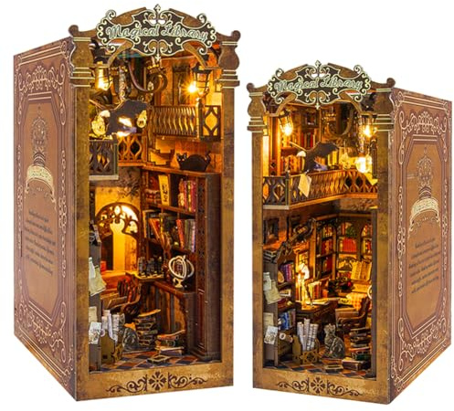 DIY Magic Book Nook Kit,DIY Miniatur Puppenhaus Booknook Kit,3D Holz Puzzle Bookend Bücherregal Einfügen Dekor mit LED-Licht für Teenager und Erwachsene