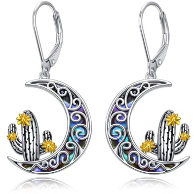 Cactus Earrings 925 Sterling Silver Abalone Shell Cactus Dangle Leverback Earrings Cactus Jewellery Gifts for Women