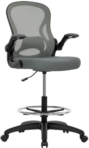 Vinsetto Drafting Chair Flip-up Armrests for Standing Desk Charcoal Grey | Ergonomic Tall Office Chair, Mesh Back, Lumbar Support, Adjustable Height and Foot Ring, Swivel Wheels