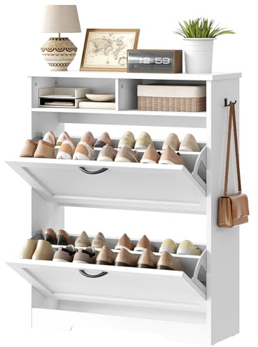 HOOBRO Schuhschrank mit 2 Klappen, Schuhkipper mit Haken, Schuhregal, verstellbaren Einlegeböden und 2 offenen Fächern, Schuhregal für Diele, Flur, 24 x 80 x 100 cm, Weiß und Schwarz EWT22SC01