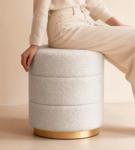 Zedelmaier runder Sitzhocker aus Teddy-Stoff, Ø 38 x 45 cm, Weiß | Teddy Hocker, gepolstert, bis 150 kg; als Pouf, Ottoman, Fußhocker oder Schminkhocker für Wohnzimmer, Schlafzimmer und Flur