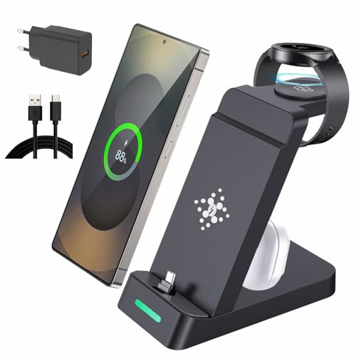 3-in-1-Ladestation für Samsung, für ladestation Samsung Watch und Handy Superschnellladegerät für Samsung Galaxy S25/S24/S23/S22/21/20/Note20/10/Galaxy Watch Ultra 8/7/6/5/4 Earbuds (Black)