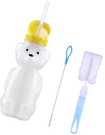 Snorvixre Gobelet en plastique en forme d'ours de dessin animé avec paille et couvercle anti-fuite, bouteille de boisson compressible pour la maison, le bureau, les voyages