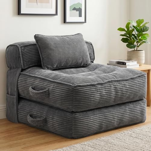JUOIFIP faltbares Schlafsofa, umwandelbarer Schlafsessel mit Kissen | Bodensofa und Gästebett, klappbares Sofa-Bett aus Schaumstoff für Wohnzimmer, Schlafzimmer, Apartment, Grau