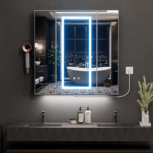 Spiegelschrank Bad mit Beleuchtung und Antibeschlag Funktion 80x80x16 cm Badezimmer Spiegelschrank mit Steckdose (2*AC + 3*USB), Haartrocknerständer und 3 Freistehende Staufächer für Badezimmer