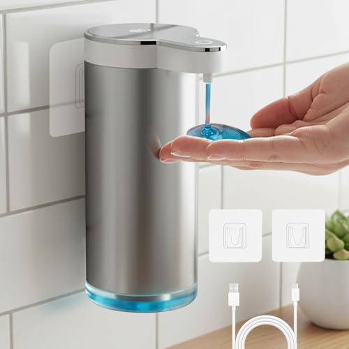 Shocanm Seifenspender Automatisch Edelstahl, 350ml Elektrischer Seifenspender Wandbefestigung mit Sensor, 4 Stufen Verstellbar USB-C Aufladbar, IPX5 Wasserdicht, No Touch Soap Dispenser für Bad Küche