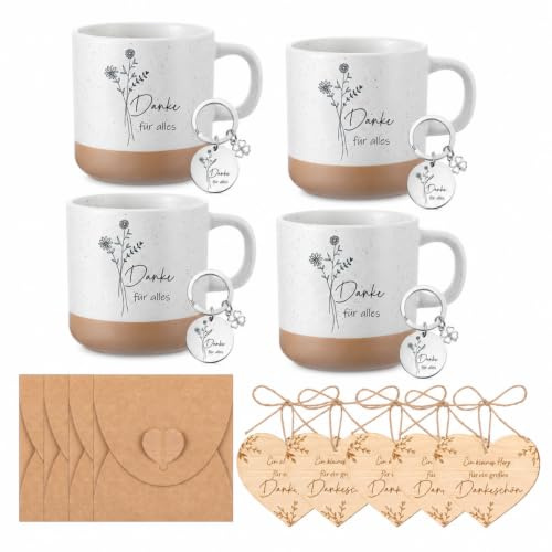 Geiserailie 4 Sets Danke Geschenke für Kollegin Abschied Freunde Lehrerin | 4 Kaffeetassen mit Henkel, 4 Schlüsselanhänger, 4 Herzförmige Holzplaketten, 4 Umschläge mit Hanfseil, Danke für alles