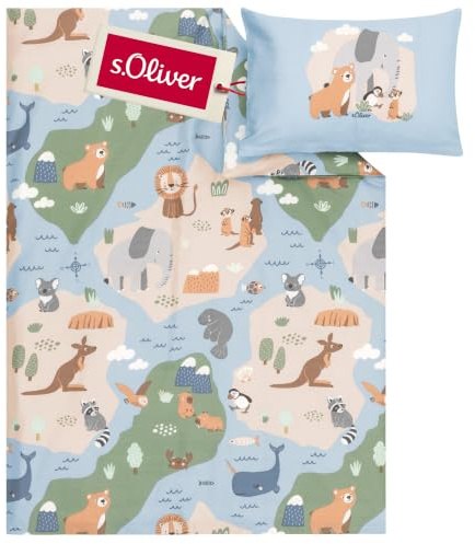 s.Oliver Kinderbettwäsche 100x135 cm hellblau - 100% Baumwolle | Babybettwäsche für Mädchen & Jungen, 2-tlg. inkl. 40x60 cm Kissenbezug, Reißverschluss & waschbar, Bettwäsche für Kinder