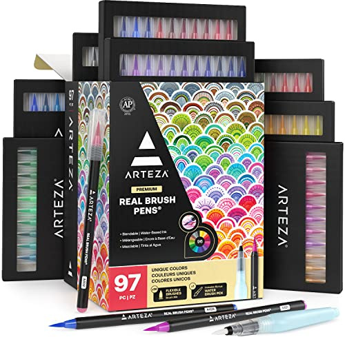 ARTEZA Pinselstifte, 96 hochwertige Brush Pen Fasermaler, Aquarell-Pinselstifte auf Wasserbasis, Set mit 96 verschiedenen Farben, zum Malen und Zeichnen