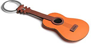 Dallaiti Design Schlüsselanhänger Klassische Gitarre aus Pigmentleder und gewachster Draht mit Schlüsselring aus Metall 14 cm braun
