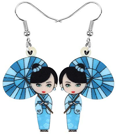 DUOWEI Acryl Anime Cute Japanisch Stil Kimono Puppe Ohrringe Charms Dangle Schmuck Geschenke für Damen Frauen Teenager Mädchen (Blau)