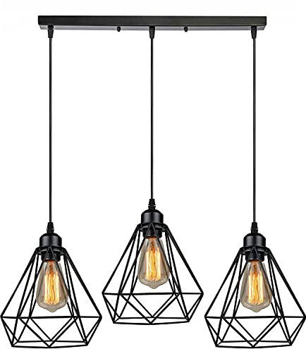 LEDSone Vintage Retro 3 Way Ceiling Pendant Light Cluster Light Fitting Black Diamond Shaped Wire Cage Lampshades, UK E27 Holder Lighting Kit, Black