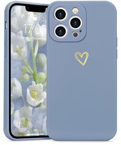 Wirvyuer for iPhone 13 Pro Case with Cute Heart Pattern Slim Soft Shockproof Protective Silicone Case for Women Girls, Blue Grey