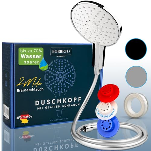 BORBETO® Duschkopf Relaxx7 Chrom Weiß – Inklusive glattem [2,0m] Schlauch – Sieben [7] Wohlfühlprogramme – [150mm] Regendusche – EasyClean+ Düsen im Brausekopf – Wassersparende Duschbrause