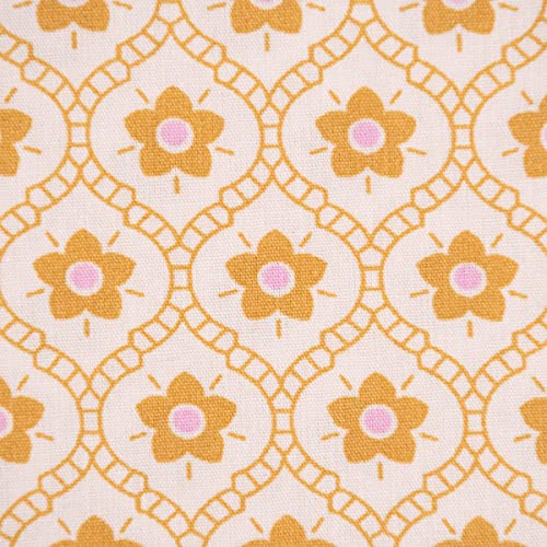 SCHÖNER LEBEN. Baumwollstoff Popeline Retro Blumen Ornamente hellgelb Ocker rosa 1,45