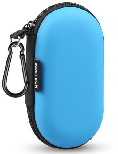 Earbud Case, RISETECH Earphone Carrying Case Holder EVA Headphone Storage Bag Small Zipper Pouch Compatible for EarPods, AirPods, Beats Flex, Urbeats3, Bose Wireless Earbuds, USB Cable, with Clip-Blue
