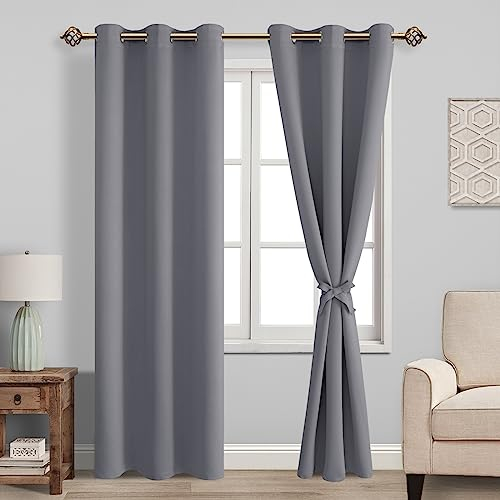 JIUZHEN Verdunklungsvorhänge mit Raffhalter Grau Vorhang Blickdicht Gardinen Ösenvorhang für Schlafzimmer Thermovorhang Wohnzimmer, 2 Stück, 160x106cm(HxB)