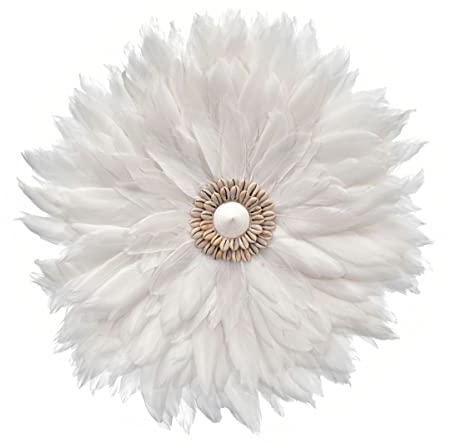 Lestarie Muschel Feder Wanddekoration, Bohemian Stil Muscheln Federn 40cm Weiß/Natural, Boho Juju Wandschmuck
