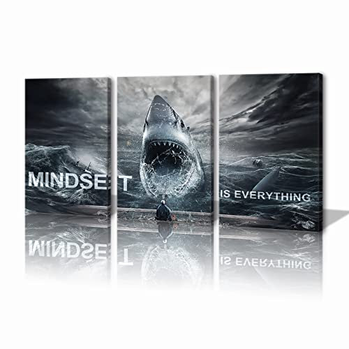 KAWAHONE Moderne Hai-Dekoration, Poster, gerahmt, inspirierende Poster, Mindset is Everything, Wandkunst, motivierende Leinwand, Zitate, Dekoration, fertig zum Aufhängen (40.6x61 cmx61 cm 3 Stück)