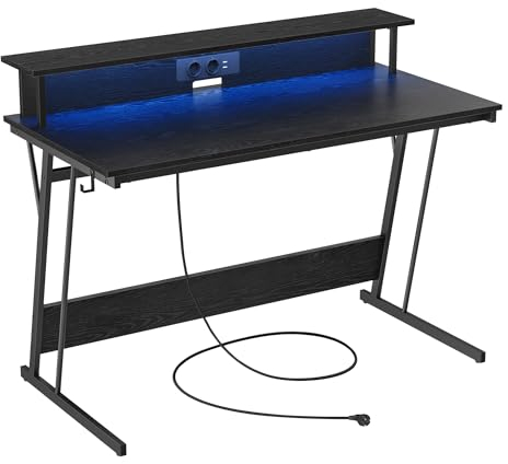 VASAGLE Bureau Gaming avec LED et Multiprise, Table Gamer, Bureau Informatique avec Rehausseur d’Écran, pour 2 Ordinateurs, pour Chambre, 60 x 120 x 76 cm, Noir Boisé LWD192B56