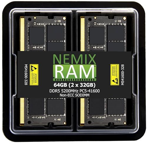 NEMIX RAM Modulo di memoria RAM per computer portatile, 64 GB (2 x 32 GB) DDR5 5200 MHz PC5-41600 Non-ECC 262-PIN 1,1 V 42-42-42 SODIMM MS41600-328