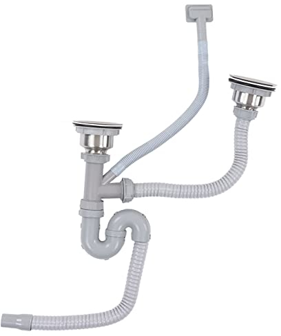 Instalación de Fontanería para Fregadero Doble de Cocina, Kit de Desagüe de Fregadero Flexible Expandible, Acero Inoxidable Doblado en S con Desagües Dobles Juego de Tuberías de Alcantarillado,
