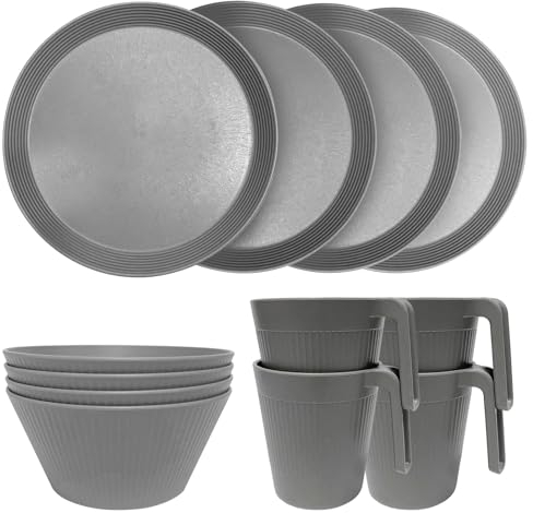 Geschirrsets aus Kunststoff Leichtes und Unzerbrechliches Komplett-Set,Tellerset, Schüsseln,Tassen, Picknick Geschirr für 4 Person, ideal für Kinder & Erwachsene Wiederverwendbar (12psc-Grau)