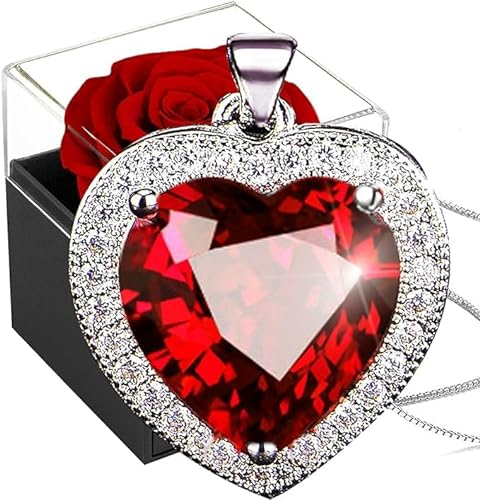 Ewige Rose mit Kette Silber 925,Infinity Rosen Box mit Herz Rubin Halskette,Konservierte Blumen Frauen Geburtsstein Anhänger,Rot Kristall Herz Halskette mit Birthstone Geschenkbox Für Weihnacht Mama