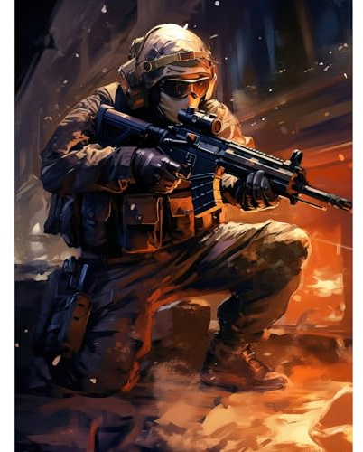 Artery8 Army Warfare Desert Sniper Explosion Flames Oil Painting Soldier Action Scene Large Wall Art Poster Print Thick Paper 18X24 Inch