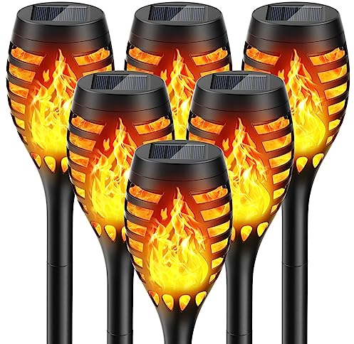 GEARLITE Solarlampen für Außen Garten 6 Stück, 12 Led Solar Fackel Gartenfackeln Flackernd Realistischer Flammeneffekt IP65 Wasserdicht Garten Solarlampe für Außen Hinterhöfe Rasen Weg