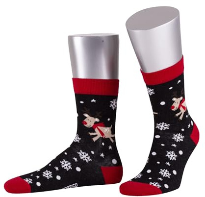 Sympatico Weihnachtssocken Damen & Herren | Bequeme Socke mit Weihnachtsmotiv | Motiv Christmas Socken aus Baumwolle | Santa, Elf, Rentier, Geschenke, Lebkuchen, Rudi | Warm & weich für Weihnachten
