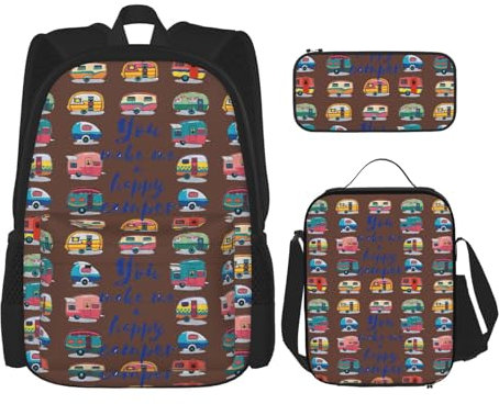 SUHNGE Sac à dos 3 pièces avec sac à déjeuner et trousse à crayons pour fille Motif zèbre, Remorque de camping-car You Make Me Happy, Taille unique