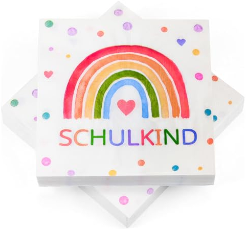 40 Stück Servietten Einschulung Regenbogen, Einschulung Servietten Deko Schulkind 2025 Mädchen Junge, Schulanfang Deko, Regenbogen Party, Tischdeko, 33 x 33 cm
