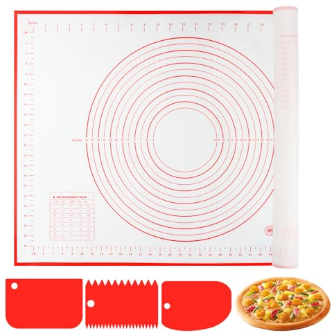 VFANDV Silikon Backmatte, 60x40 cm Backunterlage Silikon, Backpapier Arbeitsmatte mit Messung, Rutschfeste Backunterlage Antihafte Backmatte mit Teigschneider für Fondant Plätzchen, Pizza Teig, Rot