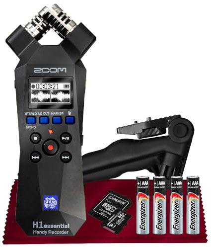 Zoom H1essential Enregistreur stéréo pratique – Enregistreur audio portable H1 Essential (H1E), flotteur 32 bits, microphone USB et X/Y, SD 64 Go, trépied + piles AAA, idéal pour musiciens, vloggers,