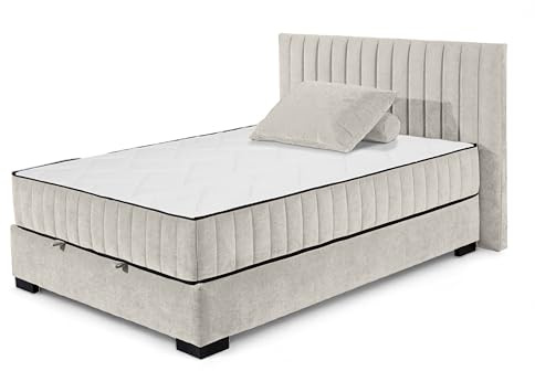 Stella Trading NAGOL C Boxbett 140x200, Sand - Bequemes Bett mit Bettkasten und Premium 9-Zonen-Federkern Wendematratze - 165 x 114 x 214 cm (B/H/T)