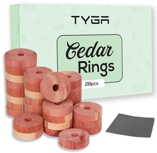 TYGA 28 Cedarwood Rings 100% Natural Moth Repellent | For Wardrobes, Drawers & Travel Bags, With Natural Oils to Protect Clothes, Anti-Moth, With Sandpaper
