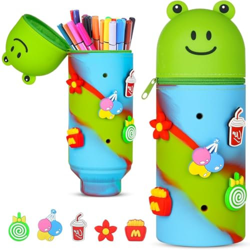 Silikon Stiftetui -Frosch Federmäppchen 2 in 1 vertikale multifunktionale Kawaii Mädche Federmäppchen Stifteköcher Teleskopisch Mäppchen Ständer Bleistifthalter Ausziehbarer Stifthalter