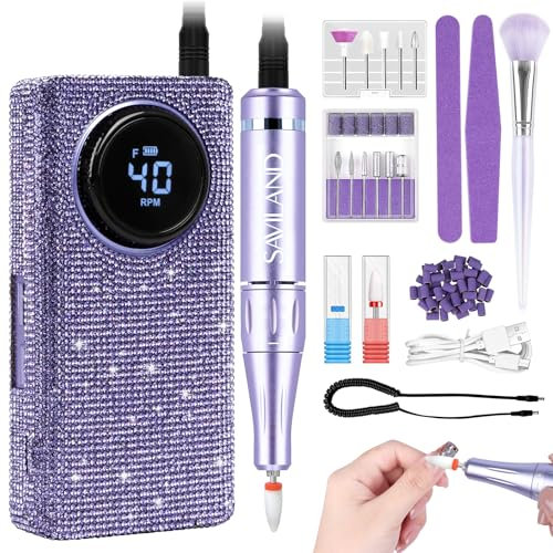 SAVILAND Ponceuse a Ongle Professionel: 40000 U/min Lime à Ongles Sans Fils pour Ongles Acrylique et Gel de Construction Ongle, Réchargeable 2600 mAh Lime Électrique pour Manucure