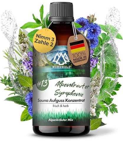NORDHOLZ® Saunaaufguss 250ml [60 Sorten] Sauna Aufgussmittel Konzentrat | Sauna Duft · #13 Alpenkräuter Symphonie · Alpenkräuter · aromatisch · Mit ätherischen Ölen · Made in Bayern