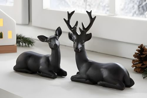 Dekoleidenschaft 2X Dekofigur REH & Hirsch aus Polyresin, matt schwarz, Tierfigur, Weihnachtsdeko, Tischdeko