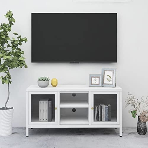 Gecheer-Mobile,Porta TV,Stile Industriale,in Acciaio,Bianco,con 2 Ante in Vetro,105x35x52 cm,Mobile Porta TV Industriale,Mobile Porta TV con Ante,Mobile Porta TV in Metallo
