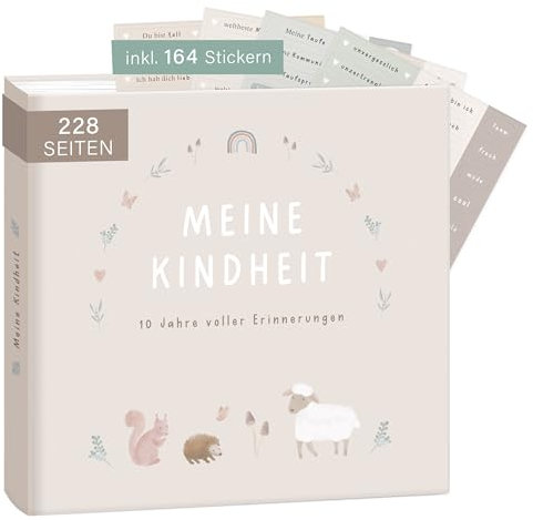 mintkind® Erinnerungsalbum Kindheit Beige, Babybuch mit Sticker Set, Geschenk zur Geburt, Fotoalbum Kinder, Tagebuch zum Eintragen, Erinnerungsbuch 0–10 Jahre, Hardcover Album