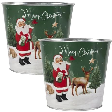 Fyne-Finds Set of 2 Metal Merry Christmas Plant Pot Santa Reindeer Green Scene 1.5 Liters Each Tin Pail 15cm, 6inch Planters