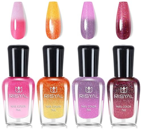 Colour Changing Nail Polish Sets - Thermal Temperature Colour Changing Nail Varnish Sets - 4 Colors Temperature Control Glitter Nail Polish Set - Long Lasting Nail Varnish Set for Women
