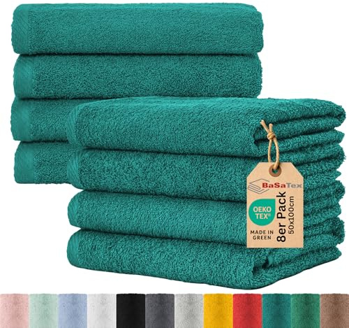 BaSaTex Frottee Handtuch, 8er Pack, 50x100cm, Lagune | 100% Baumwolle, Öko-Tex Made in Green, Aufhängeschlaufe, 400gm², langlebig & saugstark