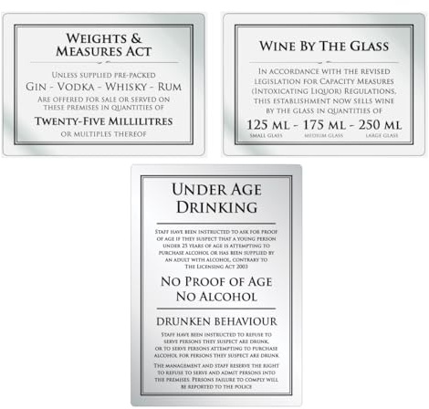 Bar Licensing Pack - Essential Law Signs for Weights & Measures Act 3 Black Silver Signs for Wine by the Glass (25ml, 125ml, 175ml, 250ml) and Under Age Law