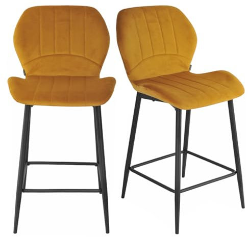Meubletmoi Emilio 2 Stühle/Barhocker, gepolstert, aus gelbem Samt, mit Beinen aus schwarzem Metall, modernes Design, 2 Stück